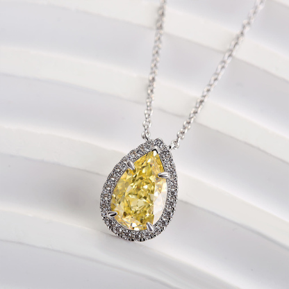 Exquisite Halo Pear Cut Yellow Sapphire Pendant with Necklace In Sterling Silver-Sterling Silver-lornajewelry