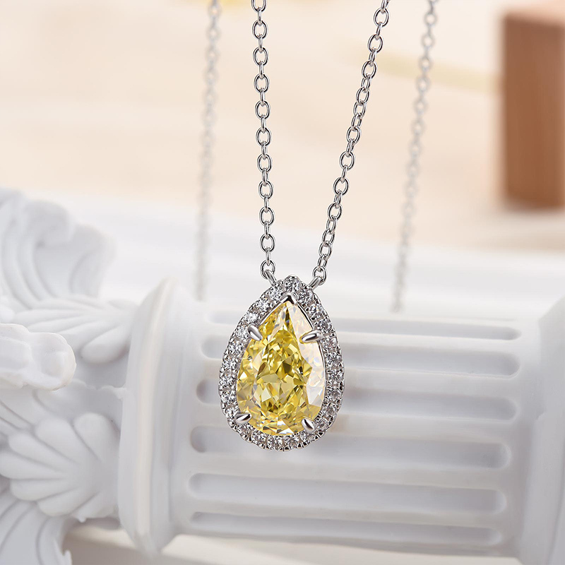 Exquisite Halo Pear Cut Yellow Sapphire Pendant with Necklace In Sterling Silver-Sterling Silver-lornajewelry