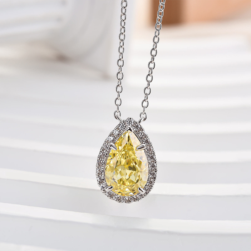 Exquisite Halo Pear Cut Yellow Sapphire Pendant with Necklace In Sterling Silver-Sterling Silver-lornajewelry