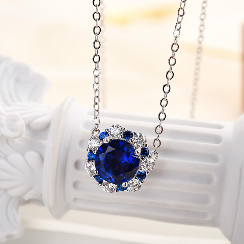 Vintage Halo Round Cut Blue Sapphire Women's Pendant Necklace-Sterling Silver-lornajewelry