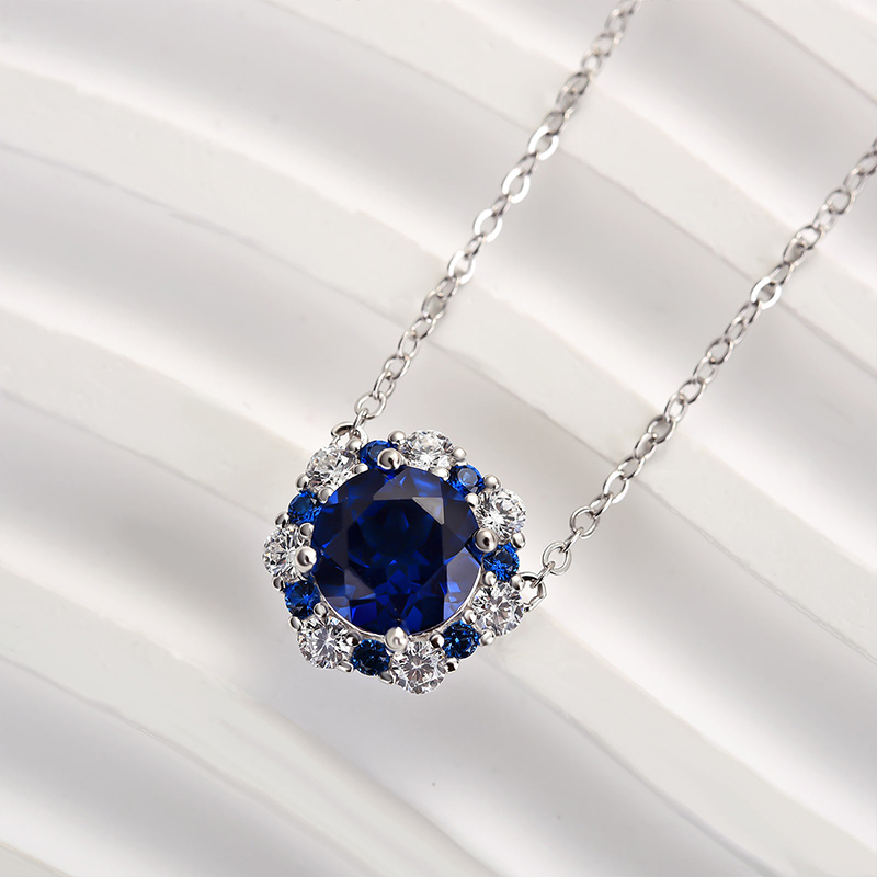 Vintage Halo Round Cut Blue Sapphire Women's Pendant Necklace-Sterling Silver-lornajewelry