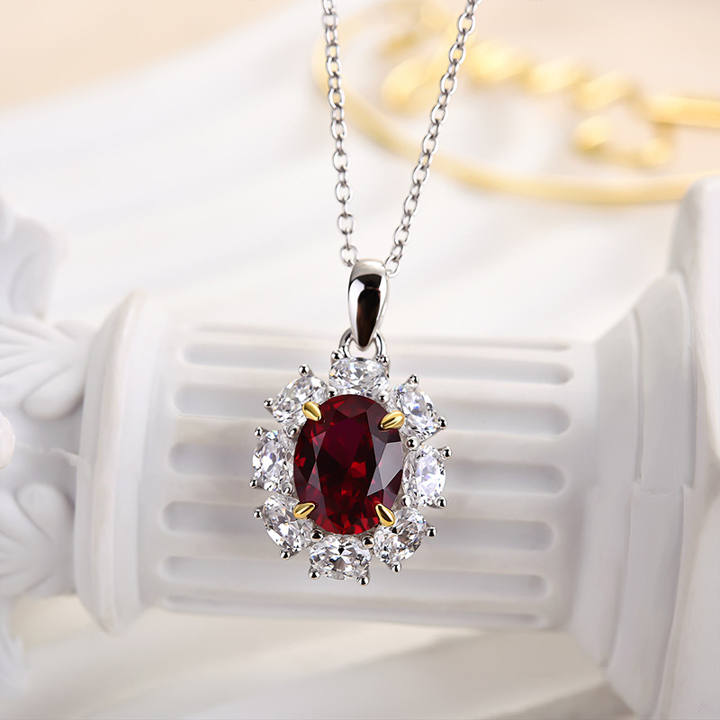 1.8 Carat Ruby Oval Cut Halo Pendant with Necklace In Sterling Silver-Sterling Silver-lornajewelry