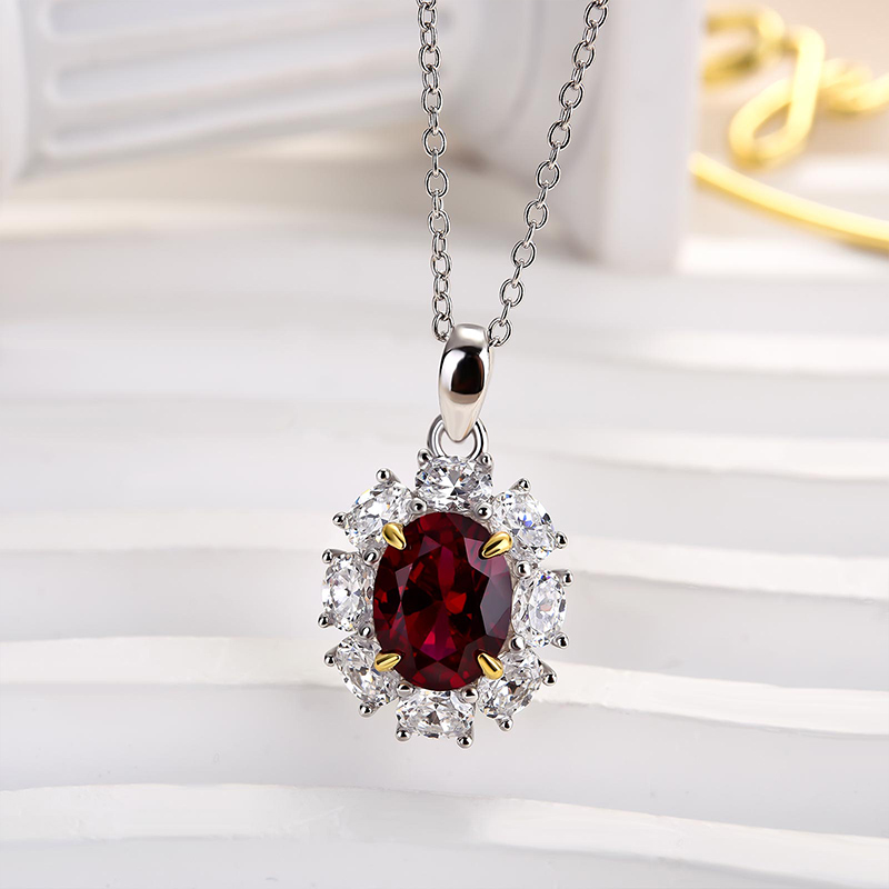 1.8 Carat Ruby Oval Cut Halo Pendant with Necklace In Sterling Silver-Sterling Silver-lornajewelry