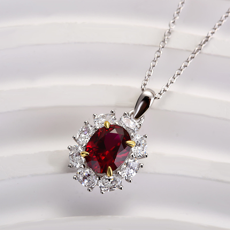 1.8 Carat Ruby Oval Cut Halo Pendant with Necklace In Sterling Silver-Sterling Silver-lornajewelry