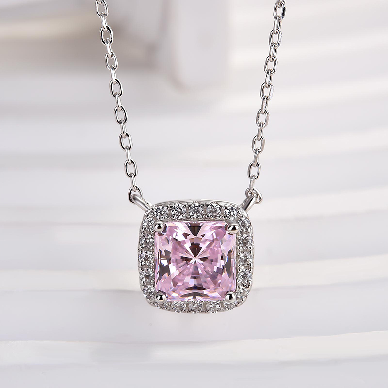 1.5 Carat Cushion Cut Pink Halo Pendant with Necklace In Sterling Silver-Sterling Silver-lornajewelry