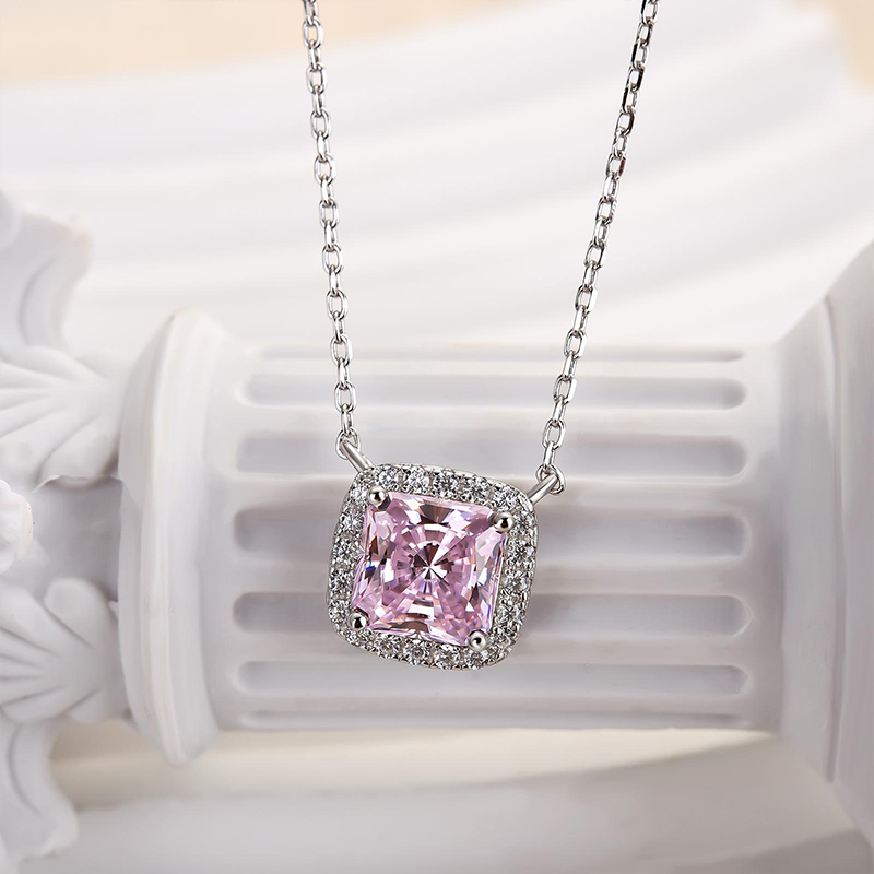 1.5 Carat Cushion Cut Pink Halo Pendant with Necklace In Sterling Silver-Sterling Silver-lornajewelry