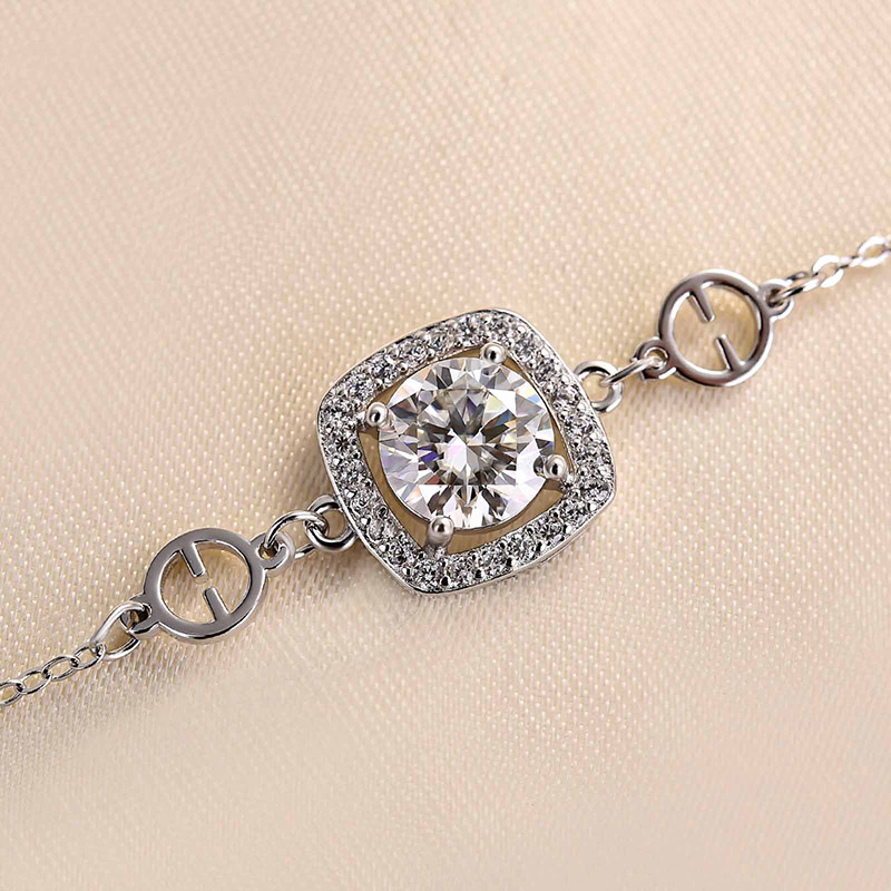 Moissanite Halo Round Cut Bracelet-Sterling Silver-lornajewelry