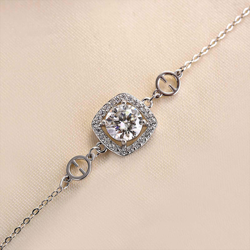 Moissanite Halo Round Cut Bracelet-Sterling Silver-lornajewelry