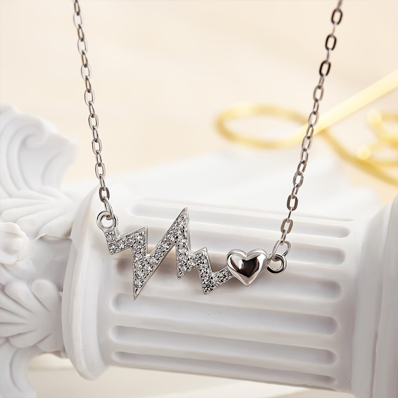 Sterling Silver Round Cut Created Sapphire Heartbeat Pendant Necklace For Women-Sterling Silver-lornajewelry