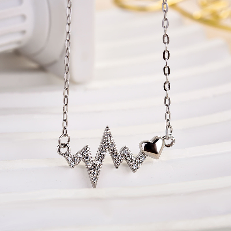 Sterling Silver Round Cut Created Sapphire Heartbeat Pendant Necklace For Women-Sterling Silver-lornajewelry