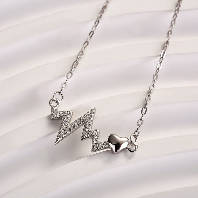 Sterling Silver Round Cut Created Sapphire Heartbeat Pendant Necklace For Women-Sterling Silver-lornajewelry