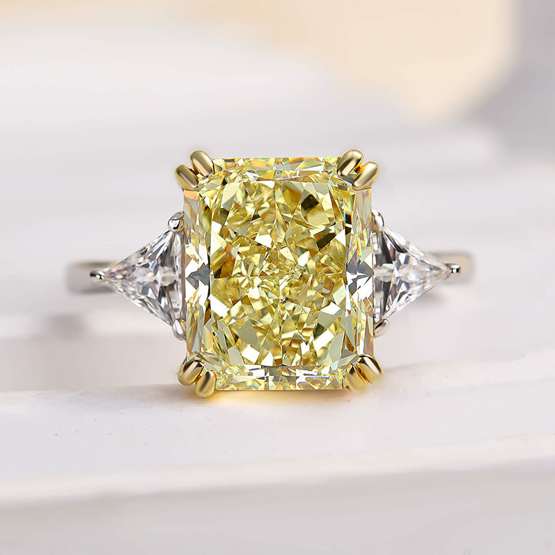4Ct Radiant Cut Yellow Stone Three Stone Engagement Ring With Triangle Cut Side-stones-Sterling Silver-lornajewelry