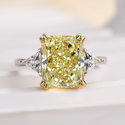4Ct Radiant Cut Yellow Stone Three Stone Engagement Ring With Triangle Cut Side-stones-Sterling Silver-lornajewelry
