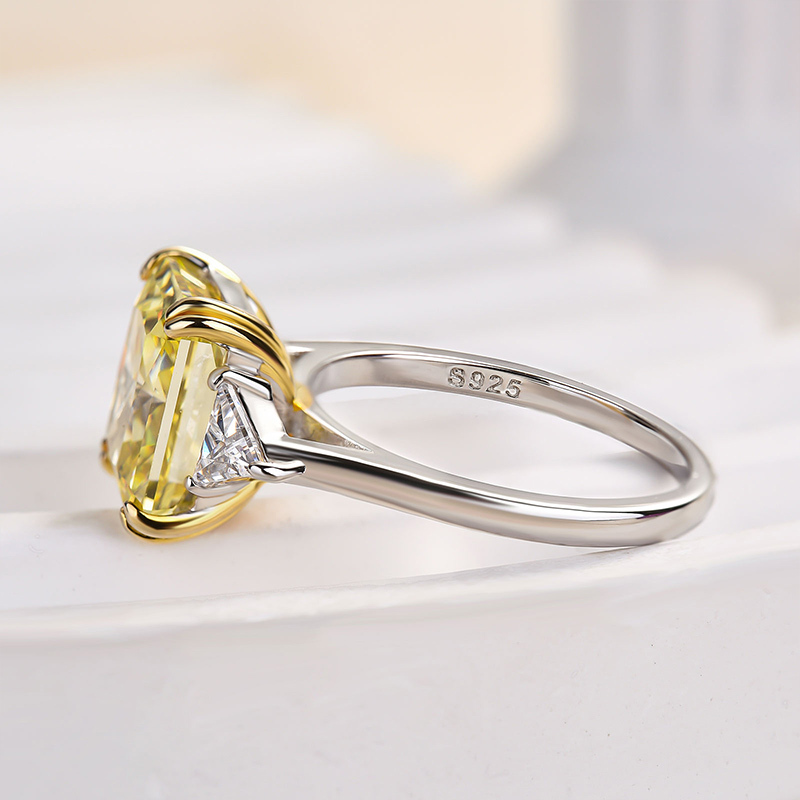 4Ct Radiant Cut Yellow Stone Three Stone Engagement Ring With Triangle Cut Side-stones-Sterling Silver-lornajewelry