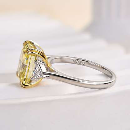 4Ct Radiant Cut Yellow Stone Three Stone Engagement Ring With Triangle Cut Side-stones-Sterling Silver-lornajewelry