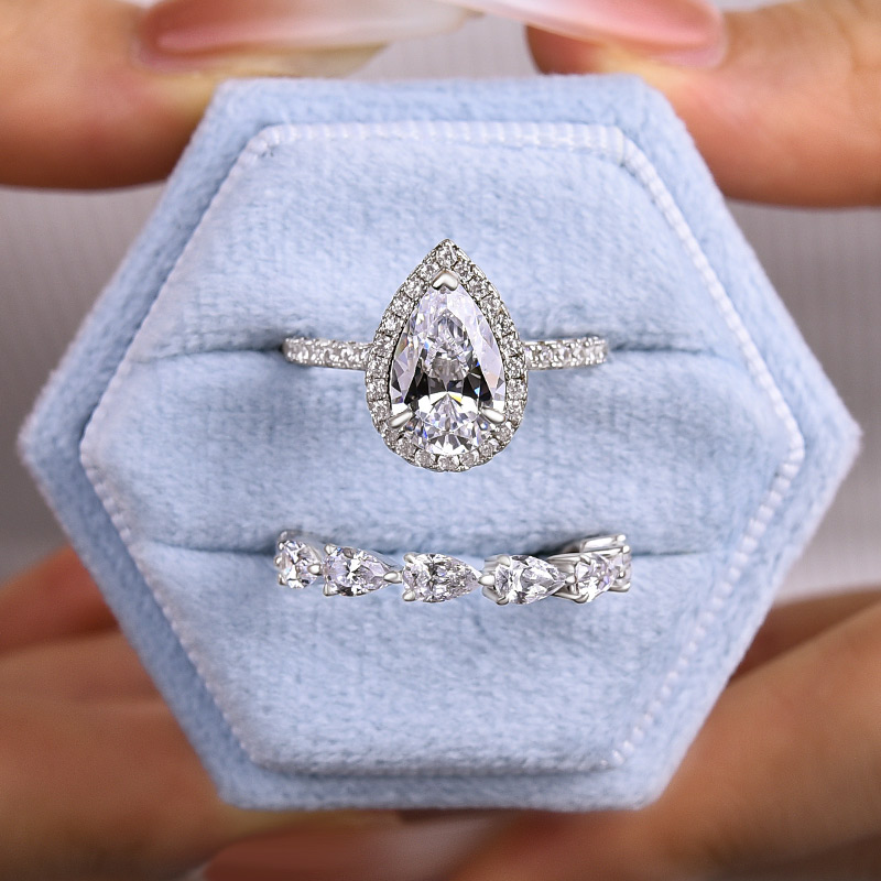 Sterling Silver Bridal Set Halo Pear Cut Engagement Ring & Pear Cut Wedding Band-Sterling Silver-lornajewelry