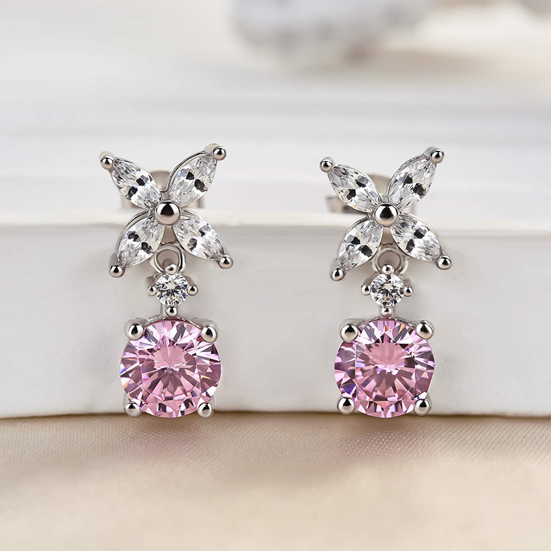 Elegant Round Cut Pink Sapphire Stud Earrings In Sterling Silver-Sterling Silver-lornajewelry