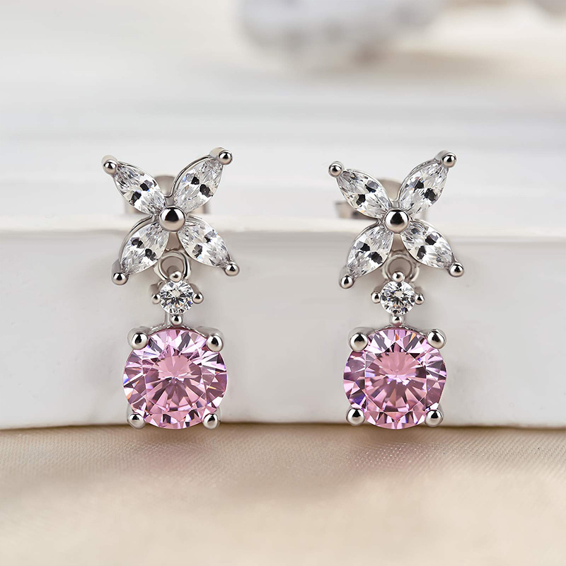 Elegant Round Cut Pink Sapphire Stud Earrings In Sterling Silver-Sterling Silver-lornajewelry