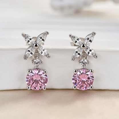 Elegant Round Cut Pink Sapphire Stud Earrings In Sterling Silver-Sterling Silver-lornajewelry