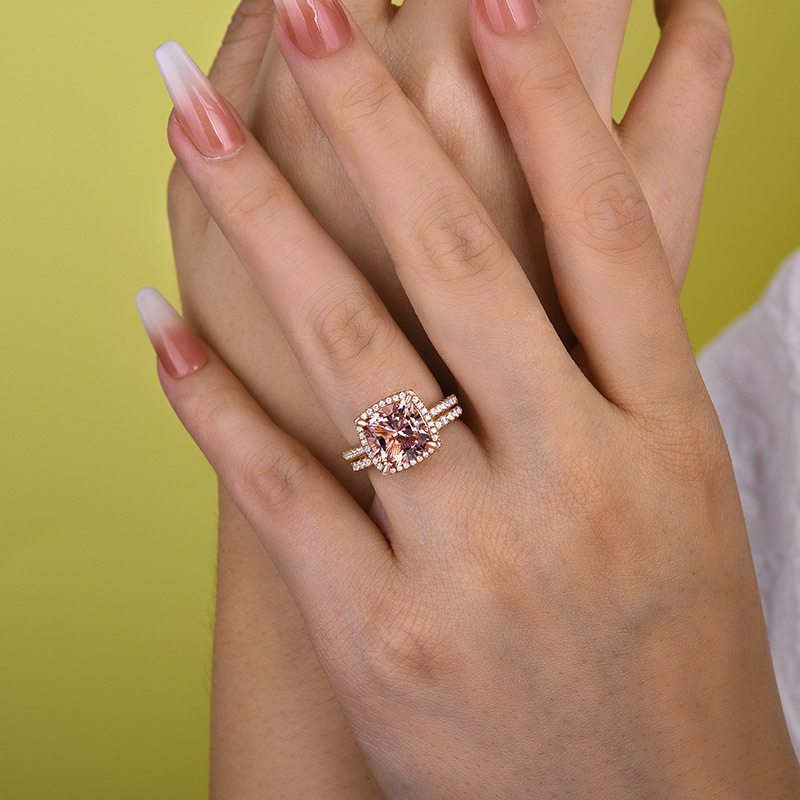 Morganite Women's Bridal Set 5.0 Carat Cushion Cut Wedding Ring Set In Sterling Silver-Sterling Silver-lornajewelry