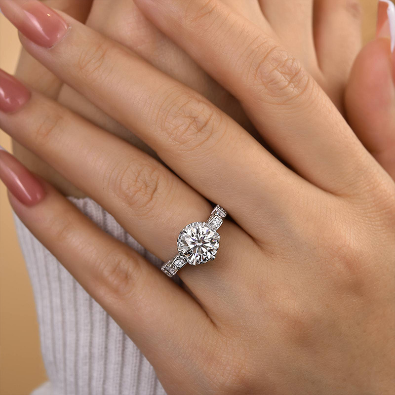 2Ct Moissanite Round Cut Vintage Engagement Ring-Sterling Silver-lornajewelry