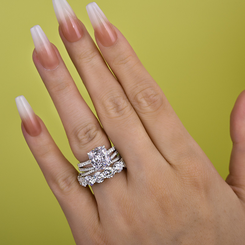 Luxurious Cushion Cut 3PC Wedding Ring Set In Sterling Silver-Sterling Silver-lornajewelry