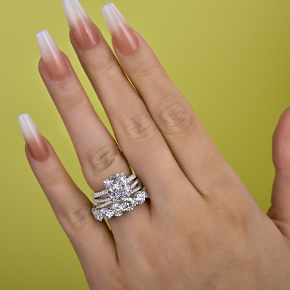 Luxurious Cushion Cut 3PC Wedding Ring Set In Sterling Silver-Sterling Silver-lornajewelry