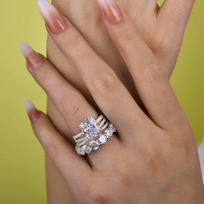 Luxurious Cushion Cut 3PC Wedding Ring Set In Sterling Silver-Sterling Silver-lornajewelry