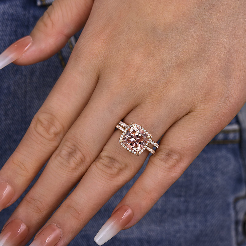 Morganite Women's Bridal Set 5.0 Carat Cushion Cut Wedding Ring Set In Sterling Silver-Sterling Silver-lornajewelry