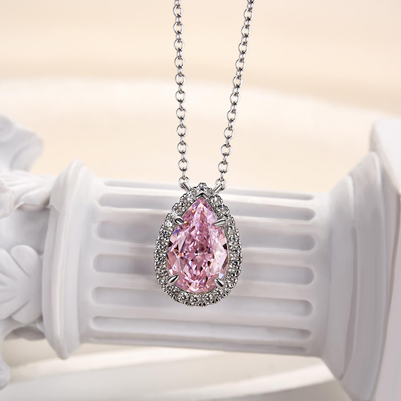 Elegant Halo Pear Cut Pink Sapphire Pendant with Necklace In Sterling Silver-Sterling Silver-lornajewelry