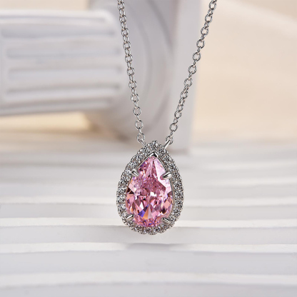 Elegant Halo Pear Cut Pink Sapphire Pendant with Necklace In Sterling Silver-Sterling Silver-lornajewelry