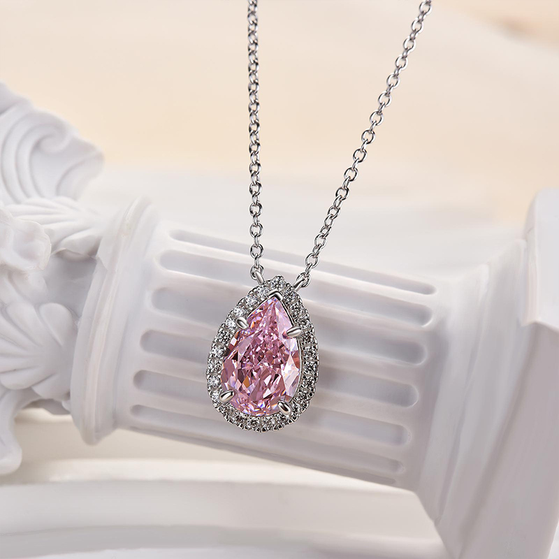 Elegant Halo Pear Cut Pink Sapphire Pendant with Necklace In Sterling Silver-Sterling Silver-lornajewelry