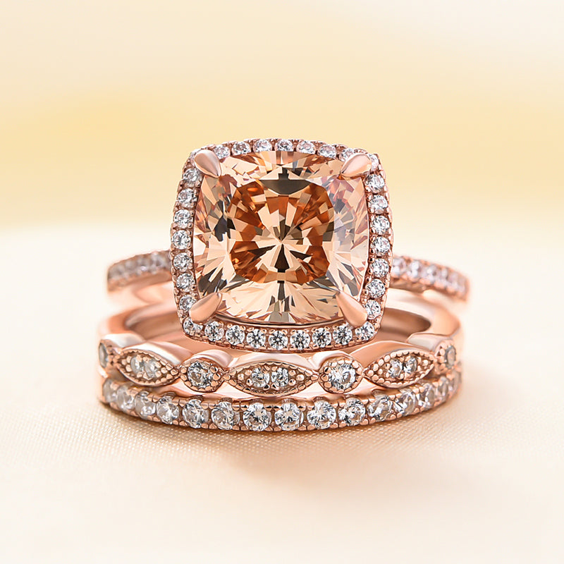 Halo Cushion Cut Champagne Stone 3PC Wedding Ring Set In Rose Gold-Sterling Silver-lornajewelry