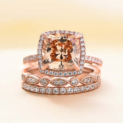 Halo Cushion Cut Champagne Stone 3PC Wedding Ring Set In Rose Gold-Sterling Silver-lornajewelry