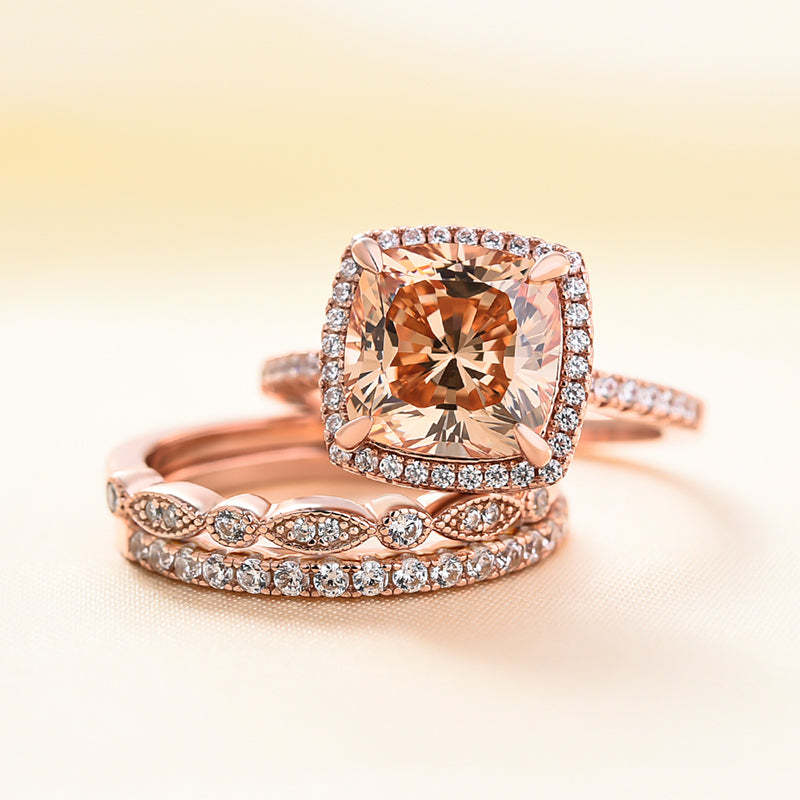 Halo Cushion Cut Champagne Stone 3PC Wedding Ring Set In Rose Gold-Sterling Silver-lornajewelry