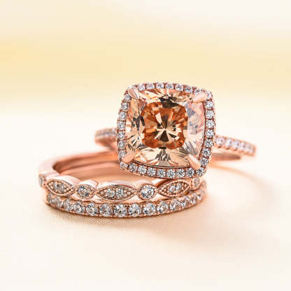 Halo Cushion Cut Champagne Stone 3PC Wedding Ring Set In Rose Gold-Sterling Silver-lornajewelry