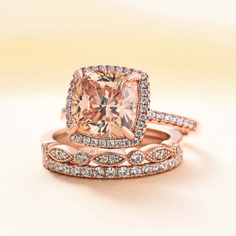 Halo Cushion Cut Champagne Stone 3PC Wedding Ring Set In Rose Gold-Sterling Silver-lornajewelry