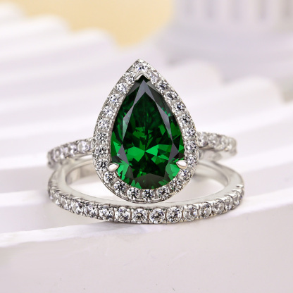 Simple 2.2 Carat Emerald Green Halo Pear Cut Wedding Set In Sterling Silver-Sterling Silver-lornajewelry