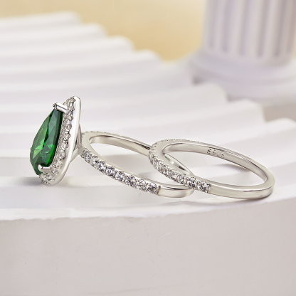 Simple 2.2 Carat Emerald Green Halo Pear Cut Wedding Set In Sterling Silver-Sterling Silver-lornajewelry
