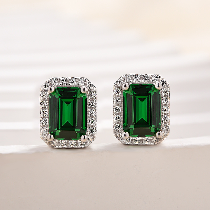 Emerald Green Halo Emerald Cut Women's Stud Earrings-Sterling Silver-lornajewelry