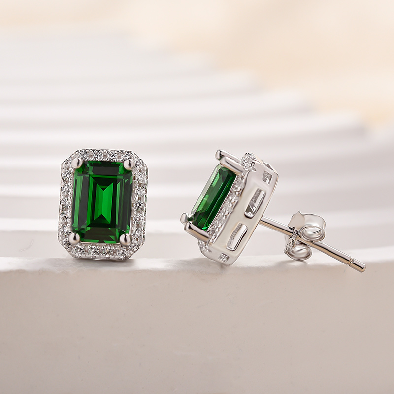 Emerald Green Halo Emerald Cut Women's Stud Earrings-Sterling Silver-lornajewelry