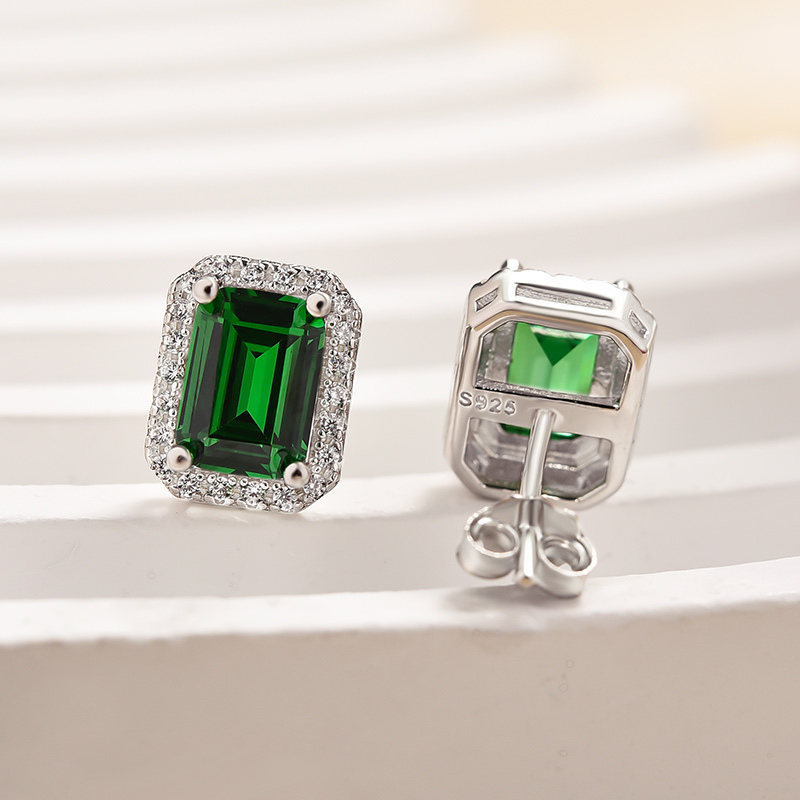 Emerald Green Halo Emerald Cut Women's Stud Earrings-Sterling Silver-lornajewelry