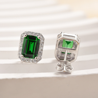 Emerald Green Halo Emerald Cut Women's Stud Earrings-Sterling Silver-lornajewelry