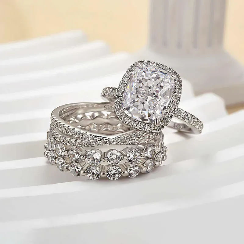 4PC Luxurious Halo Cushion Cut Wedding Set In Sterling Silver
