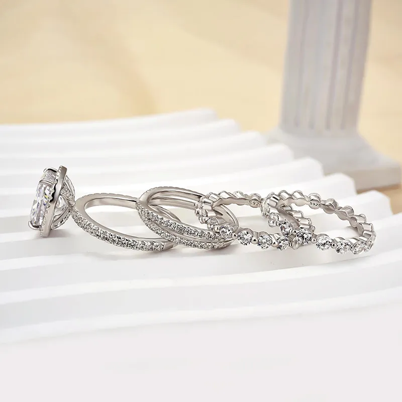 4PC Luxurious Halo Cushion Cut Wedding Set In Sterling Silver
