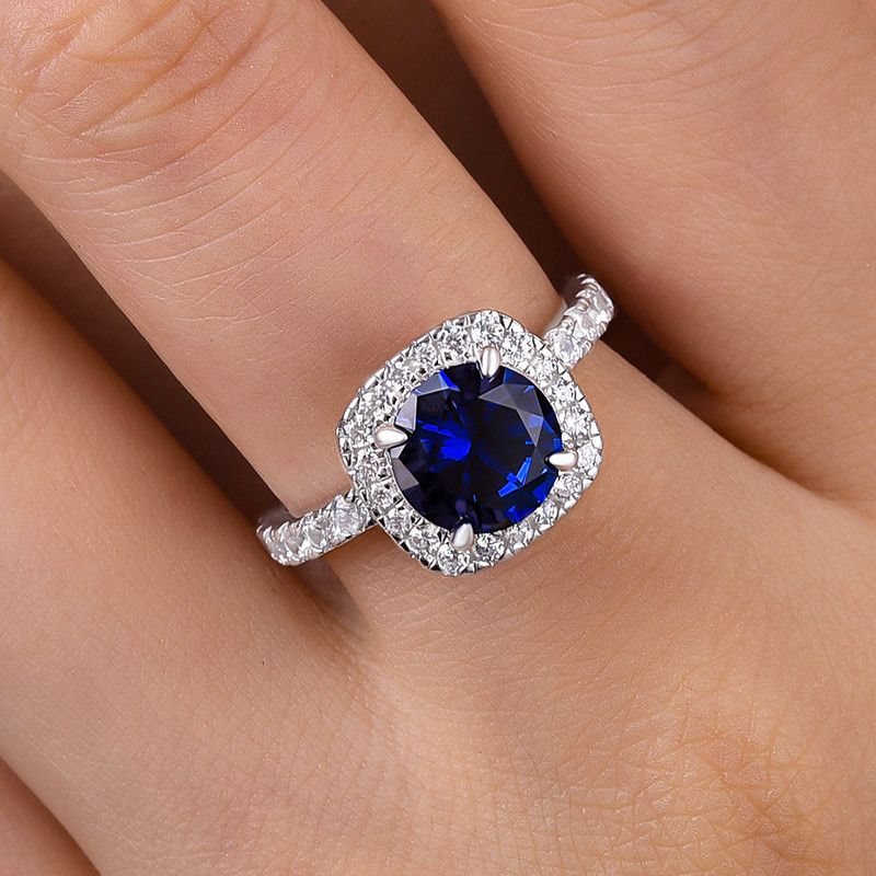 2Ct Stunning Halo Round Cut Blue Sapphire Engagement Ring In Sterling Silver-Sterling Silver-lornajewelry