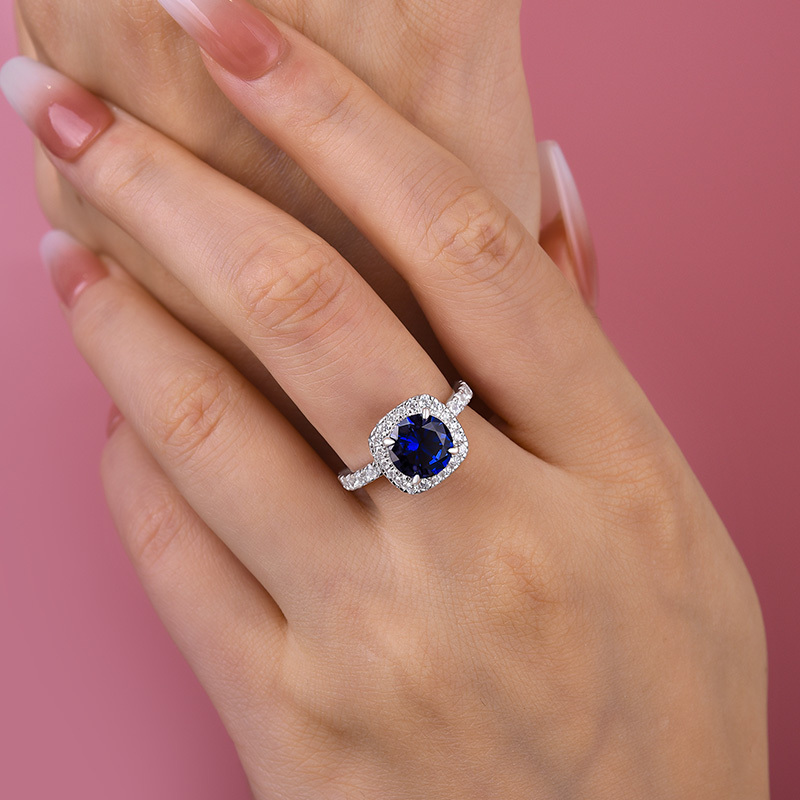 2Ct Stunning Halo Round Cut Blue Sapphire Engagement Ring In Sterling Silver-Sterling Silver-lornajewelry