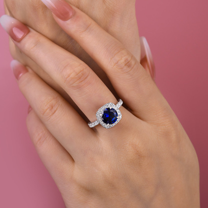 2Ct Stunning Halo Round Cut Blue Sapphire Engagement Ring In Sterling Silver-Sterling Silver-lornajewelry