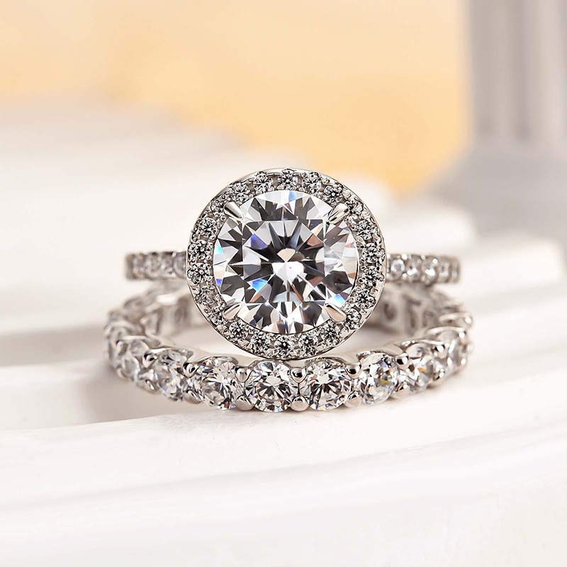 Halo Round Cut  Wedding Set-Sterling Silver-lornajewelry