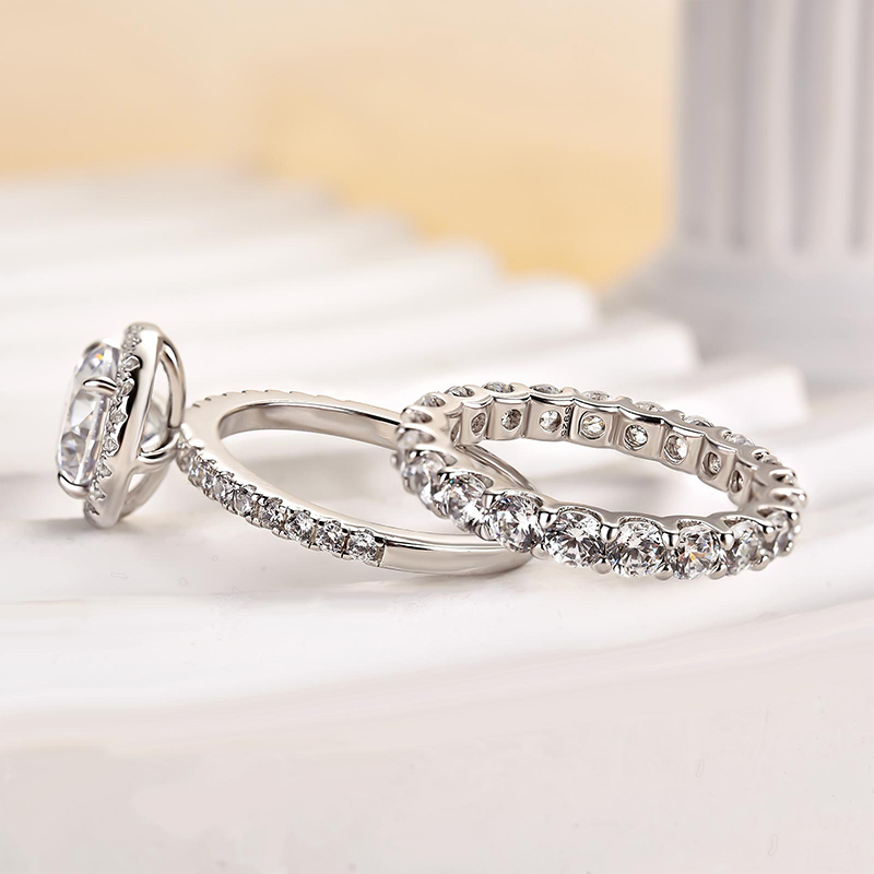 Halo Round Cut  Wedding Set-Sterling Silver-lornajewelry